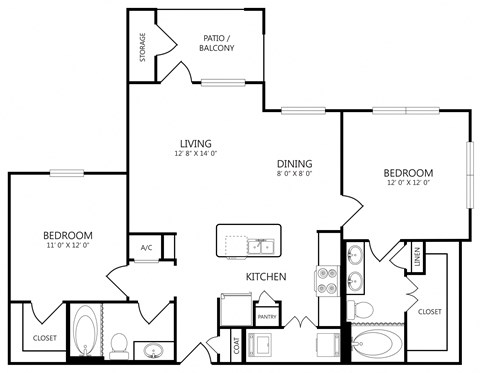 Floor plan for 2 beds, 2 baths, 1045 sqft